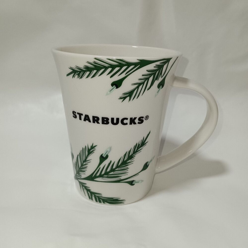 Starbucks 10oz Christmas Tree Mug White w/ Green Tree Boughs Lights Excellent
